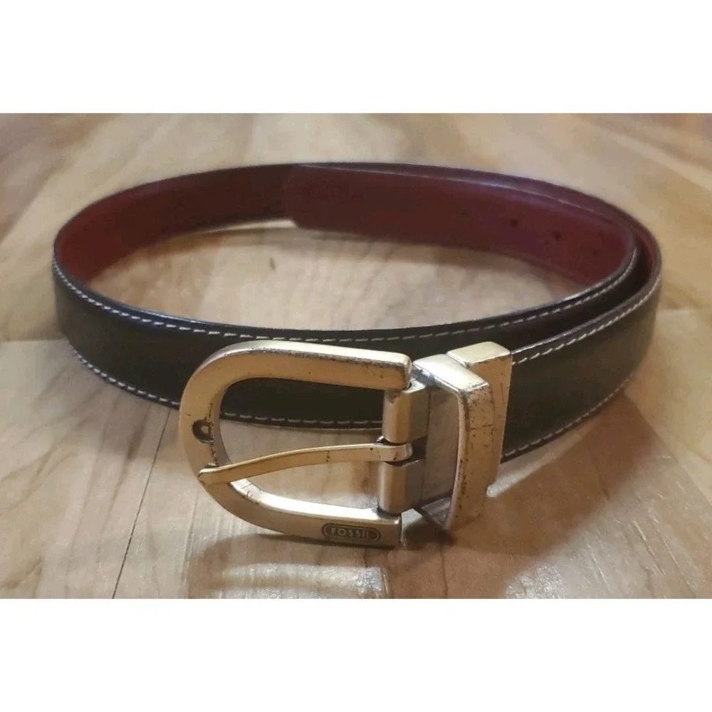 Fossil Reversible‎ Black and Red Stitched Leather Belt Size L 36
